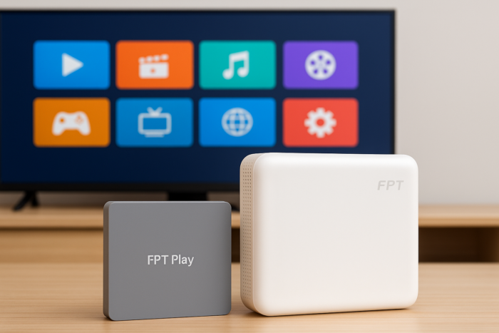 Bộ đôi modem wifi 6 và đầu thu HD FPT hiện đại, đẹp và mạnh mẽ.